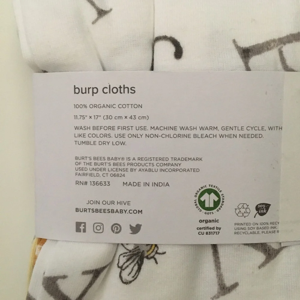 NEW Burp Cloths 100% Organic Cotton ABC’s Alphabet + More Prints | Burt’s Bees